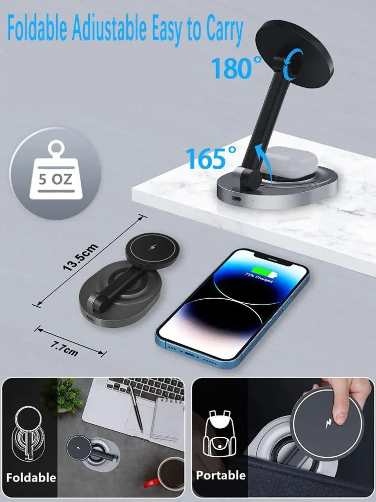 Magnetic wireless charger 3-in-1 adjustable folding